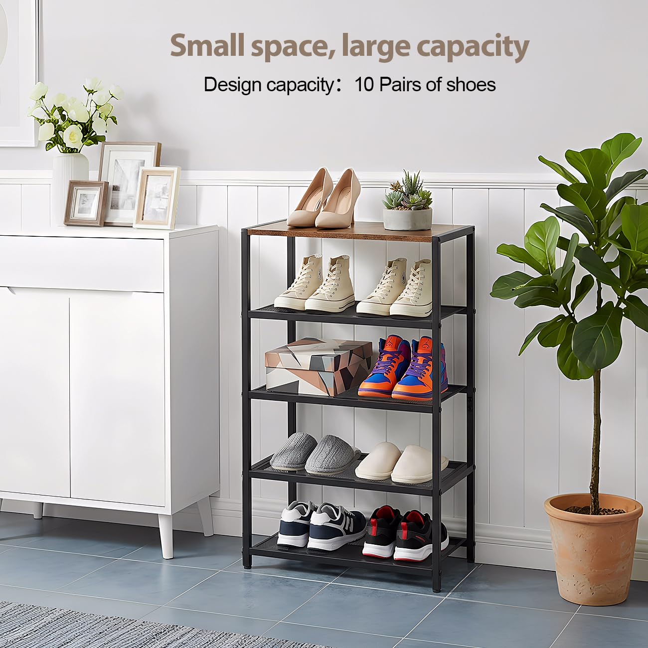 RUNJIMY narrow shoe rack compact space saving design fits tight spaces.