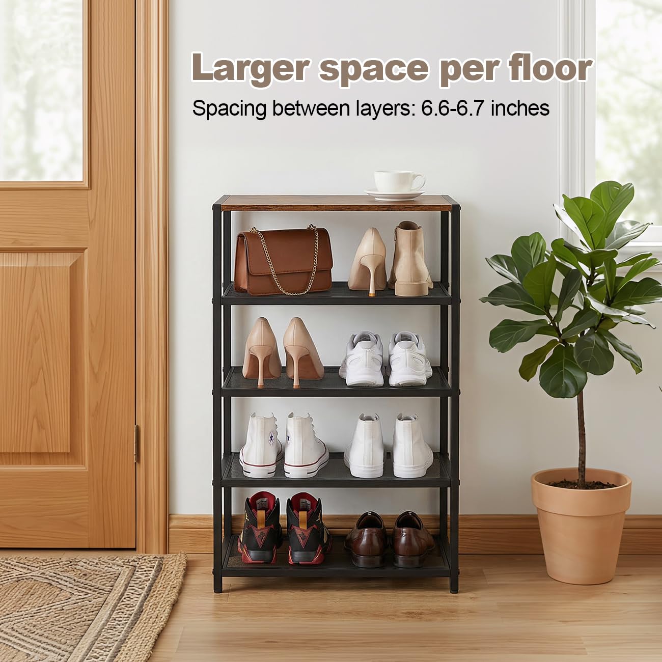 RUNJIMY narrow shoe rack holds ten pairs with organized access.