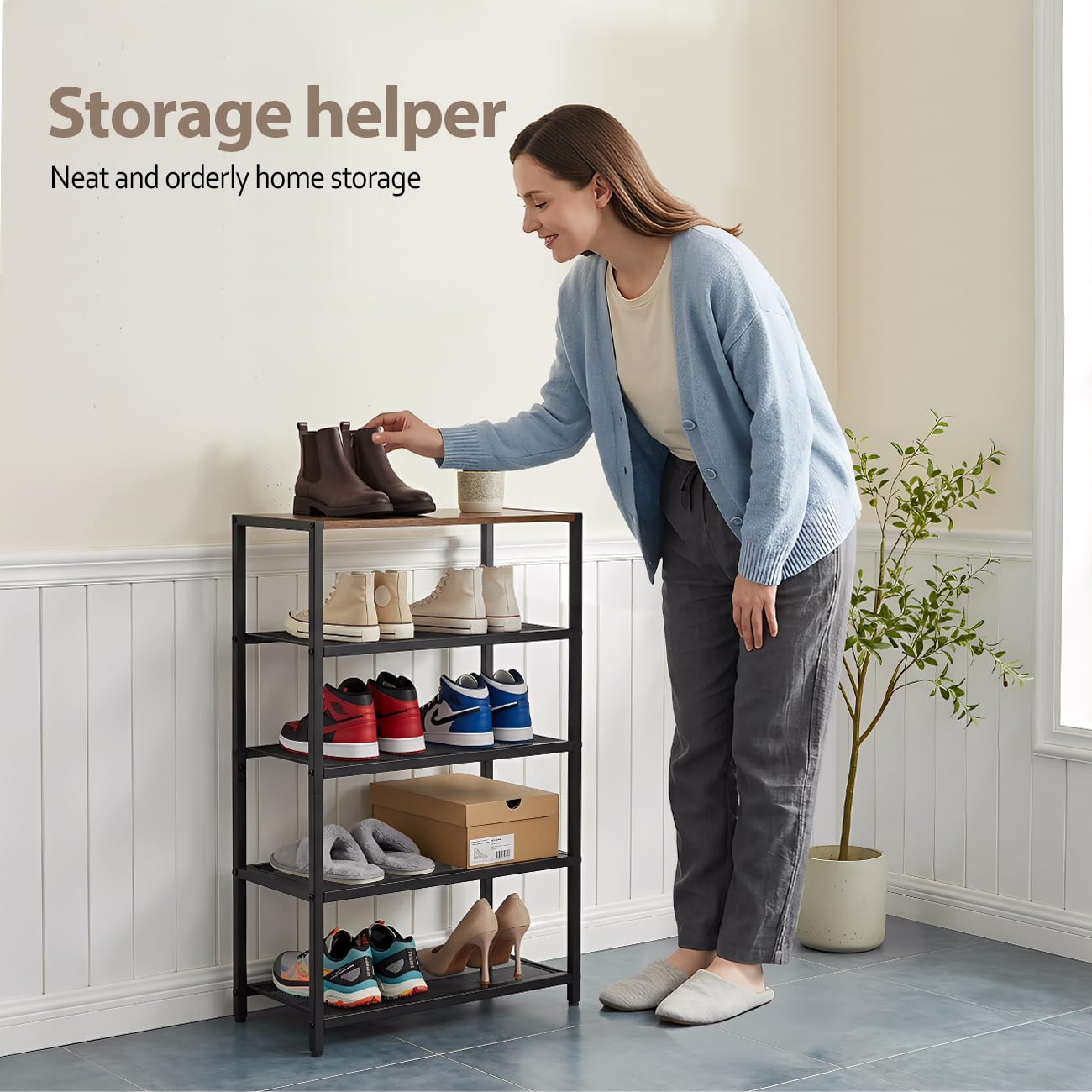 RUNJIMY narrow shoe rack metal mesh shelves provide durability and improved airflow.