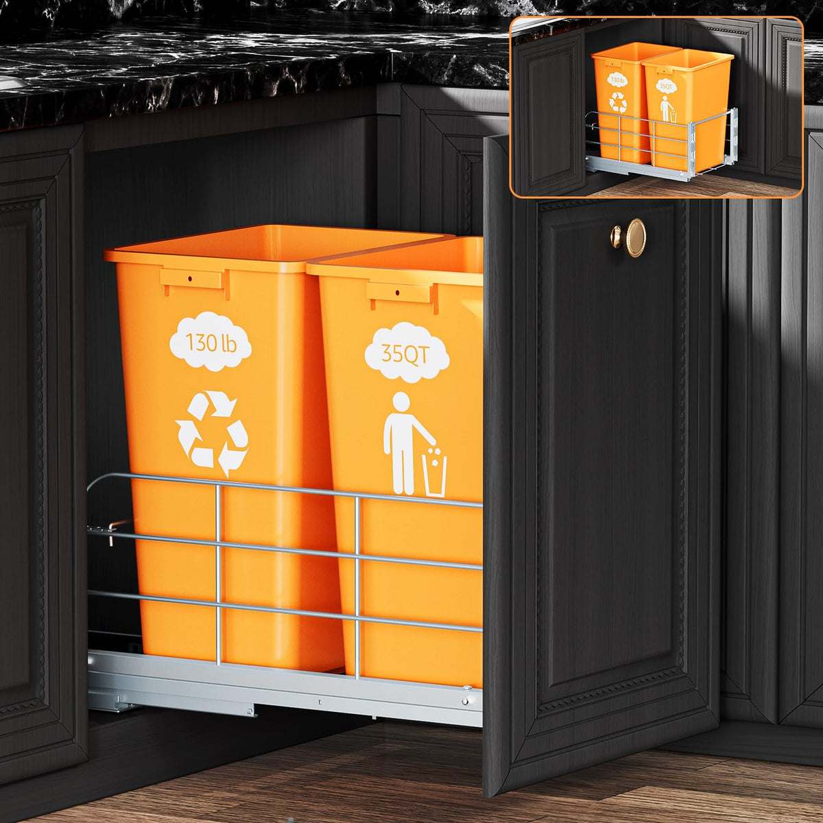 RUNMI double pull-out under-cabinet unit, front view, space-saving kitchen organization.