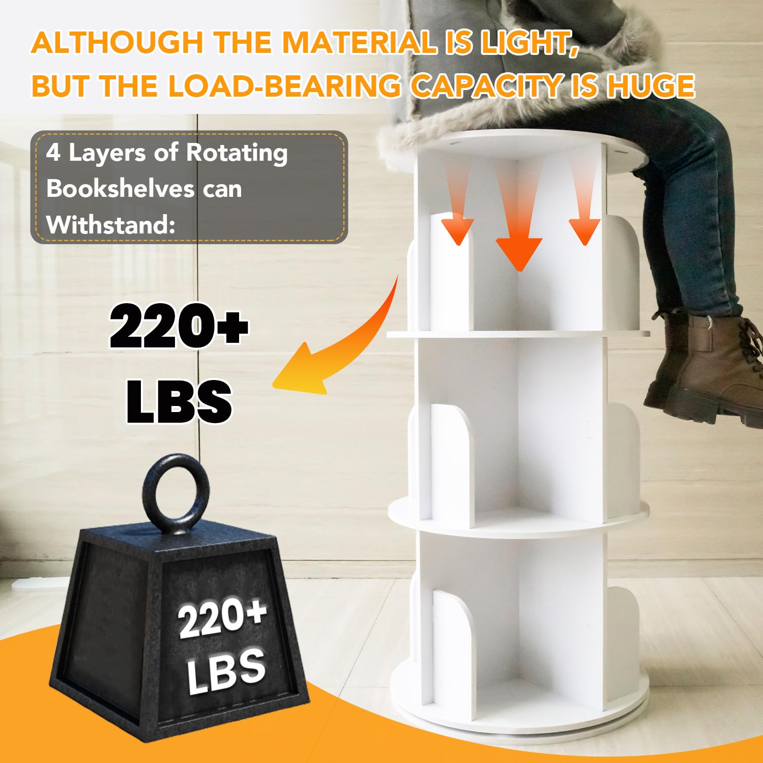 RUNSUNSPRI 360-degree spin bookcase in white offers easy shelf reach.