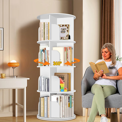 RUNSUNSPRI 4-tier rotating bookshelf tower with 360° access for space-saving storage.