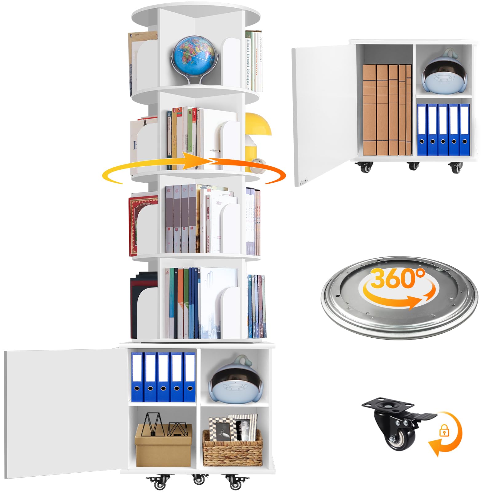 RUNSUNSPRI 6-tier rotating bookshelf with 360-degree access for easy display and organization.