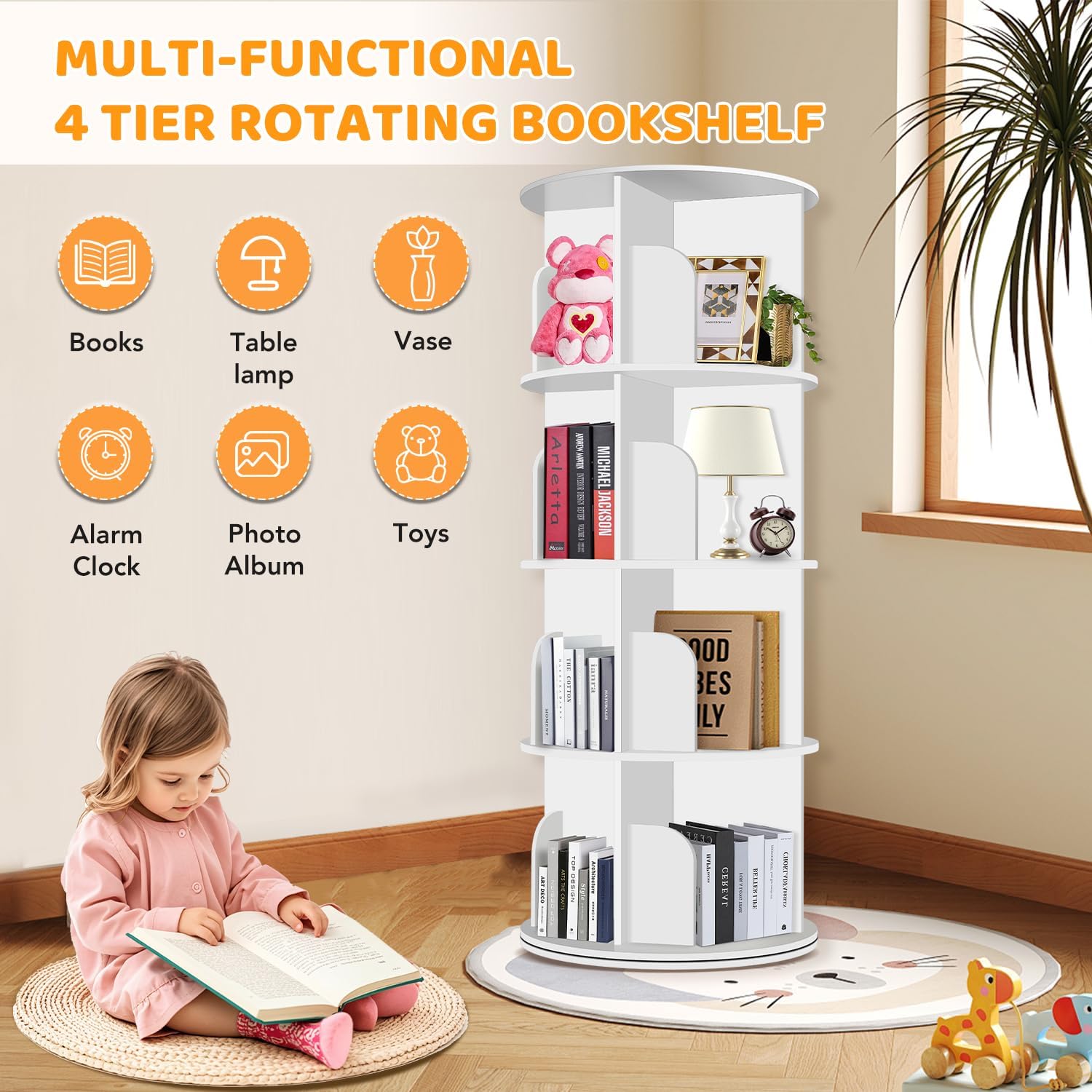 RUNSUNSPRI rotating bookshelf with adjustable height fits diverse rooms.