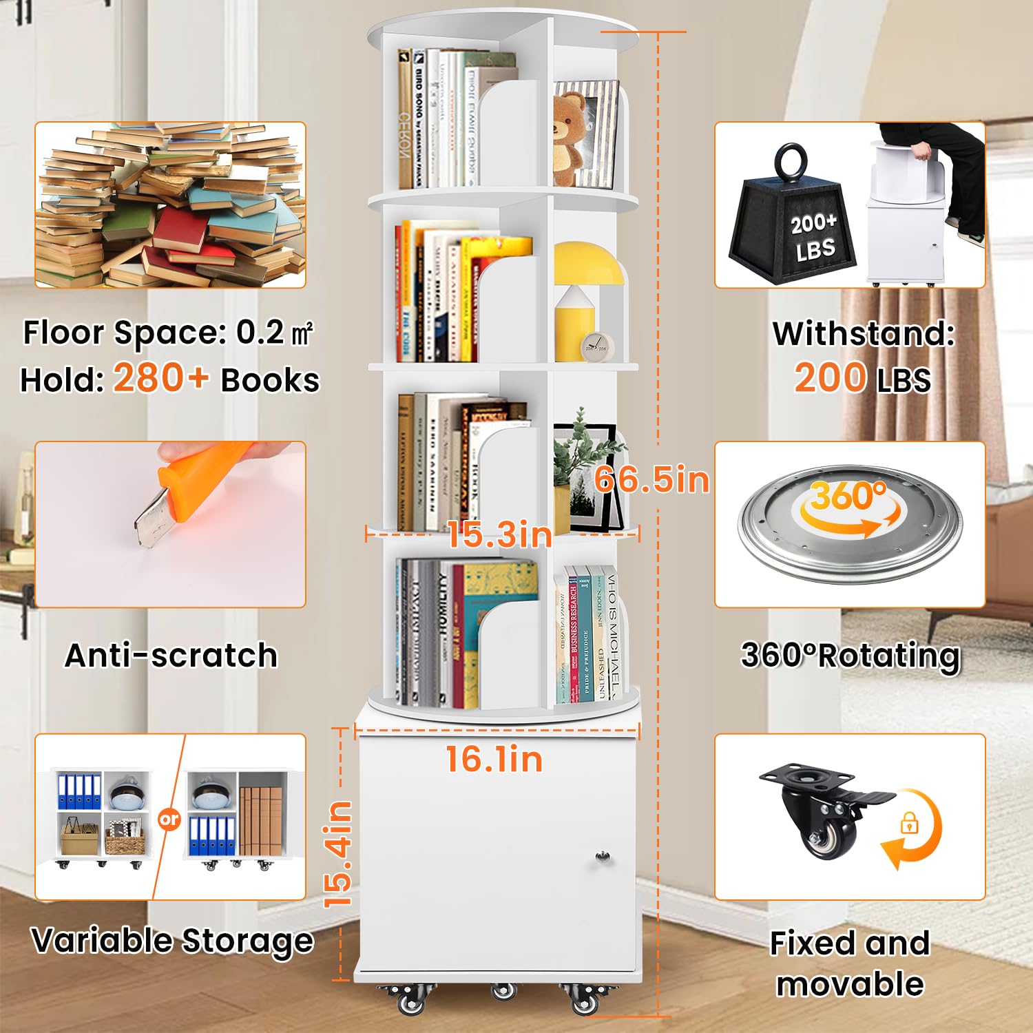 RUNSUNSPRI rotating bookcase showcases sturdy PVC panels and ample storage capacity.
