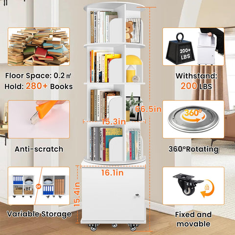 RUNSUNSPRI rotating bookcase showcases sturdy PVC panels and ample storage capacity.
