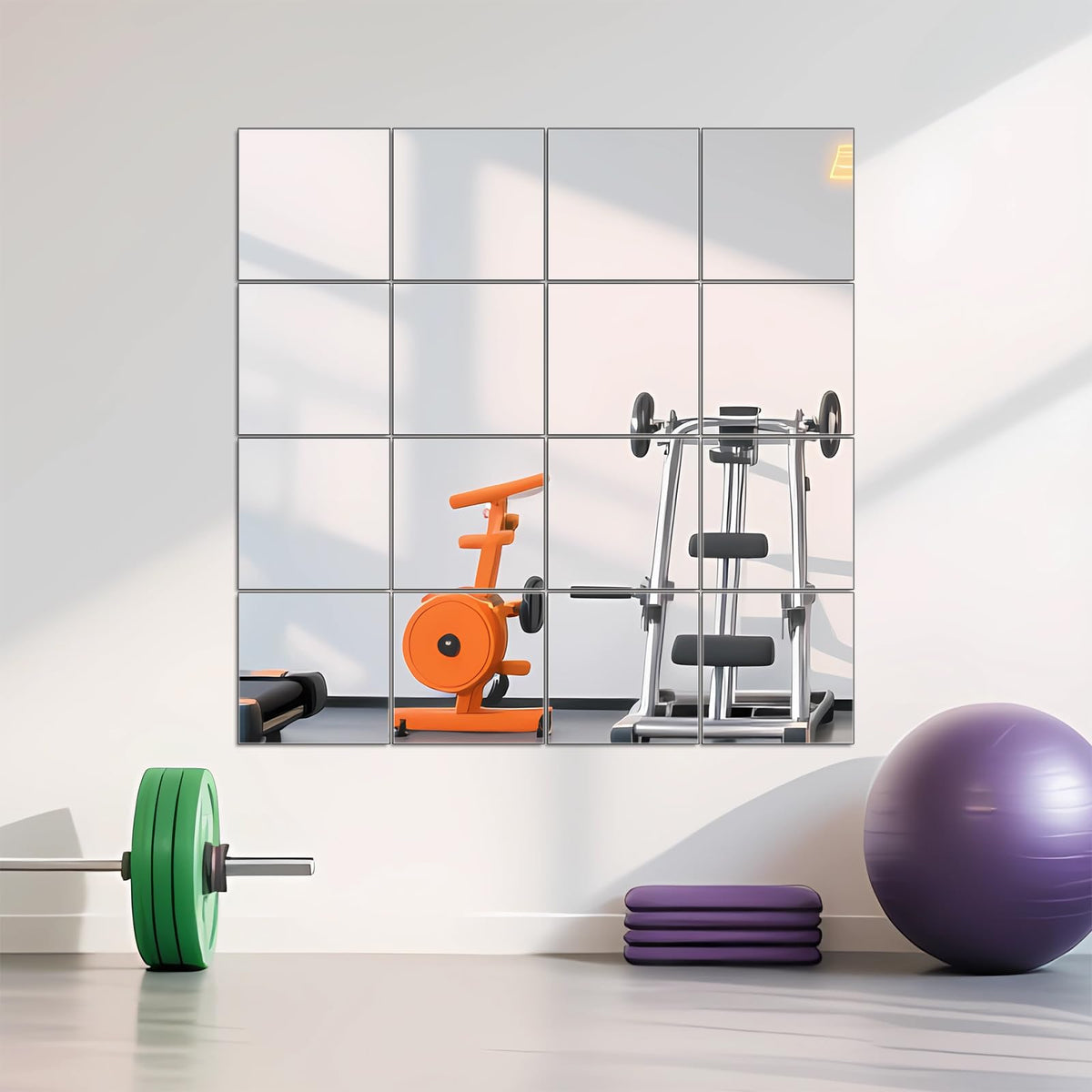 Ruomeng 12x12 frameless mirror tile on wall for home gym display