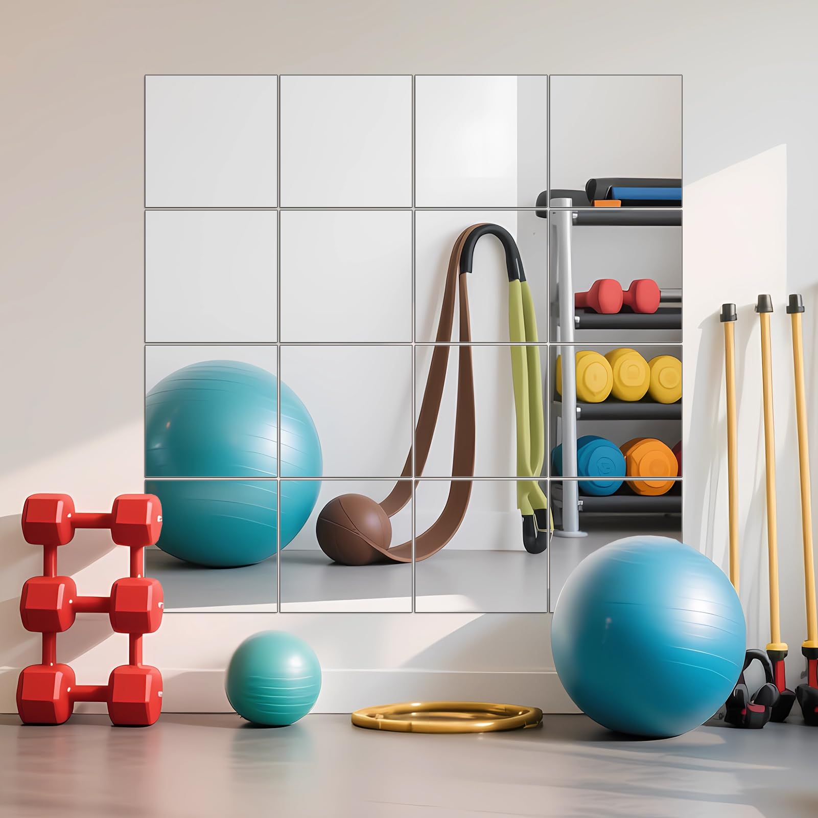 Ruomeng DIY display gym mirror tiles arranged for space flexibility
