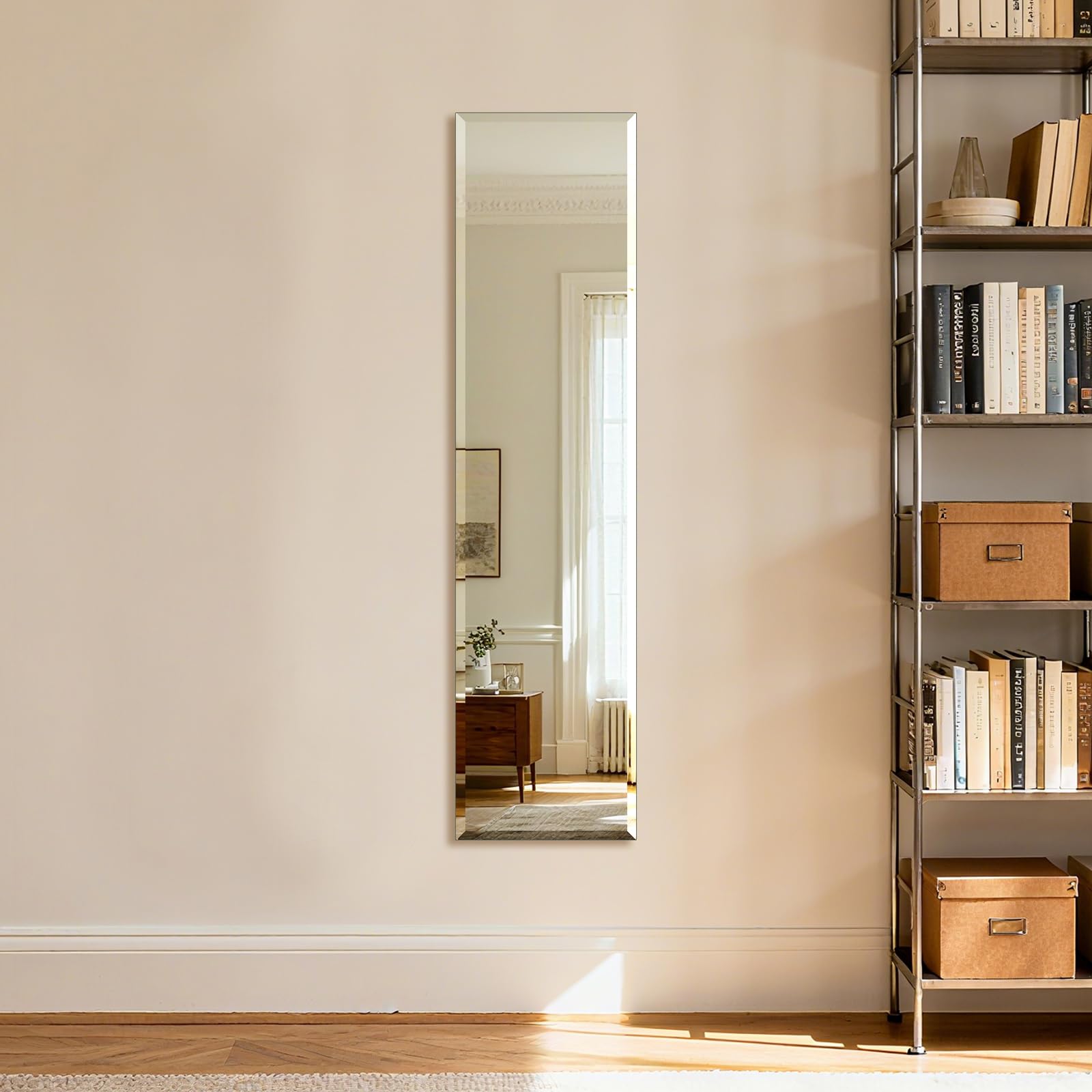 Ruomeng frameless full-length mirror mounted vertically showing clear reflection for outfit checks