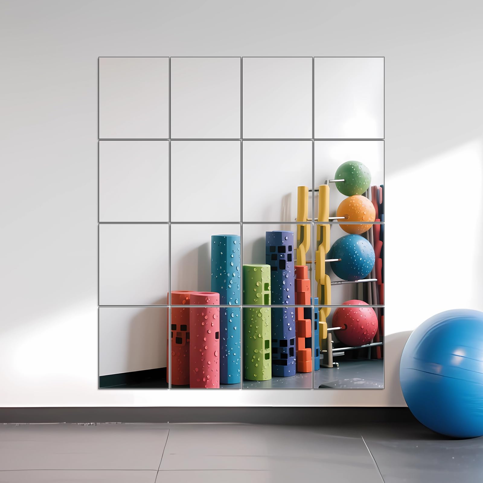Ruomeng 14x12 inch mirror tile allows flexible gym wall arrangements