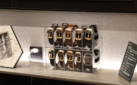 Rusnugic stackable belt bin saves space with modular design.