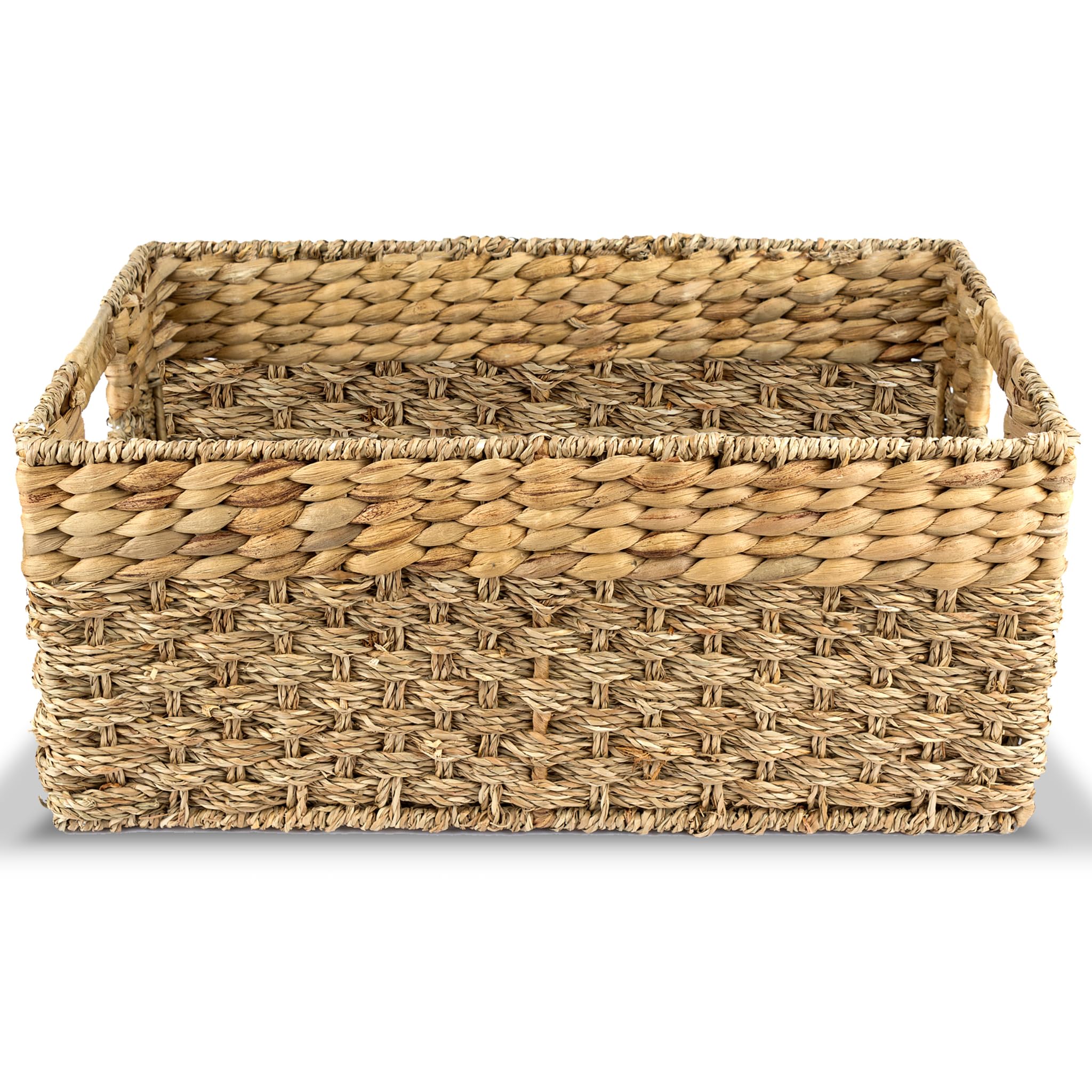Rustic Home Resources large seagrass hyacinth basket, front view for organized living room storage