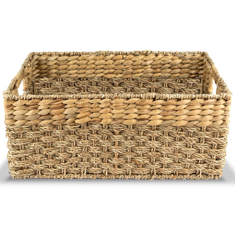 Rustic Home Resources large seagrass hyacinth basket, front view for organized living room storage