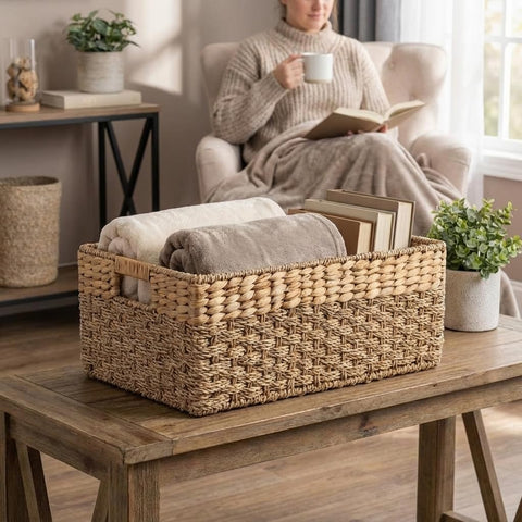 Rustic Home Resources seagrass hyacinth basket with handles, ideal for closet organization