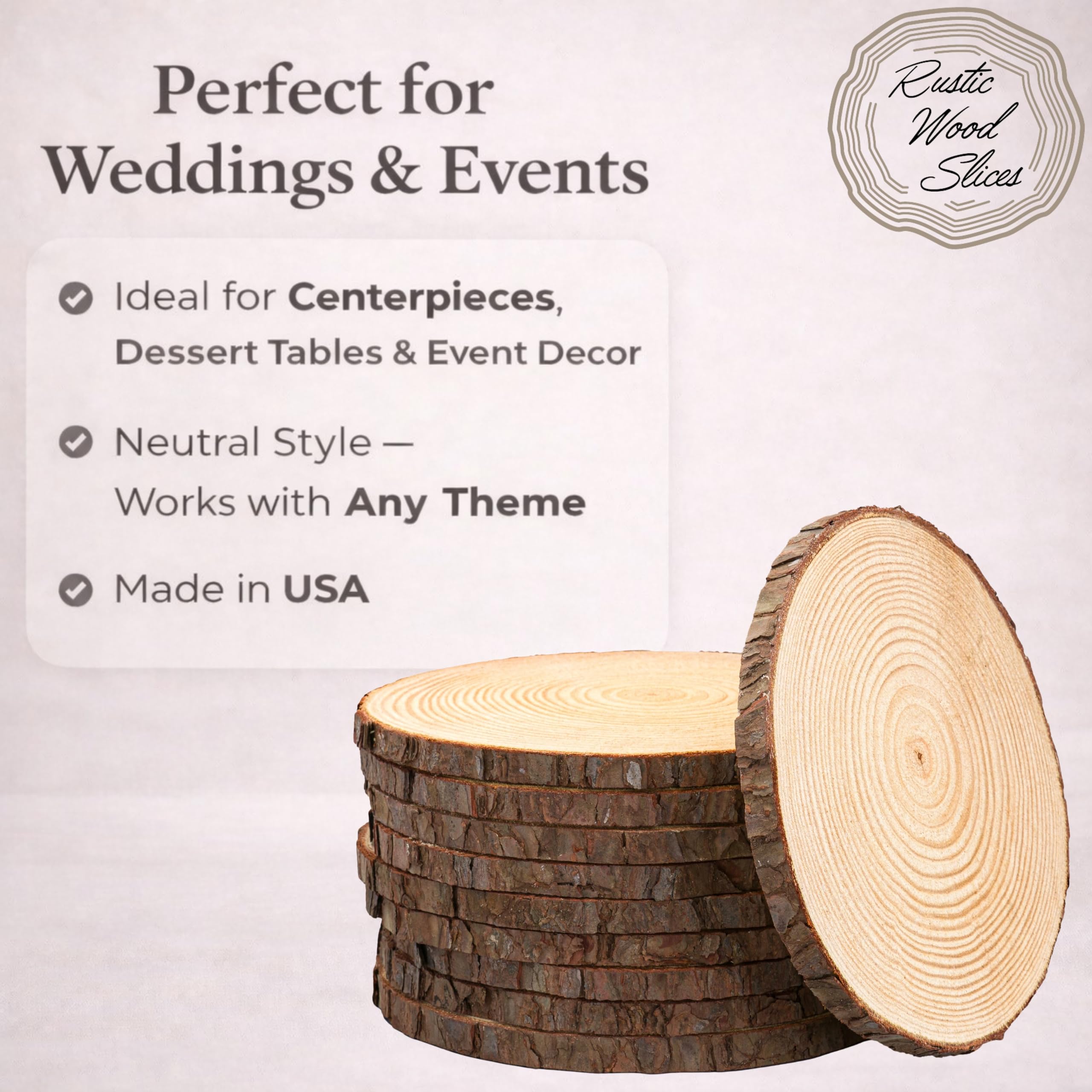 Rustic Wood Slices Inc. USA-made kiln-dried slice with bark edge for rustic events.