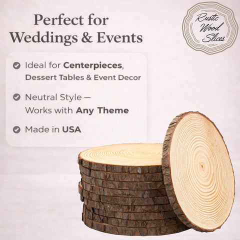 Rustic Wood Slices Inc. USA-made kiln-dried slice with bark edge for rustic events.