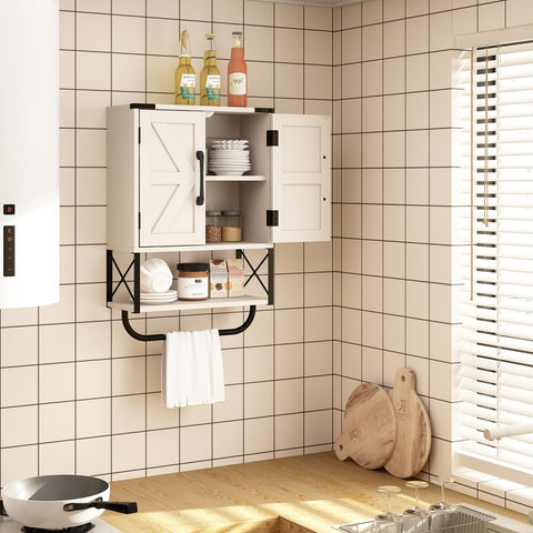 Adjustable shelves in three heights maximize space for bottles and towels