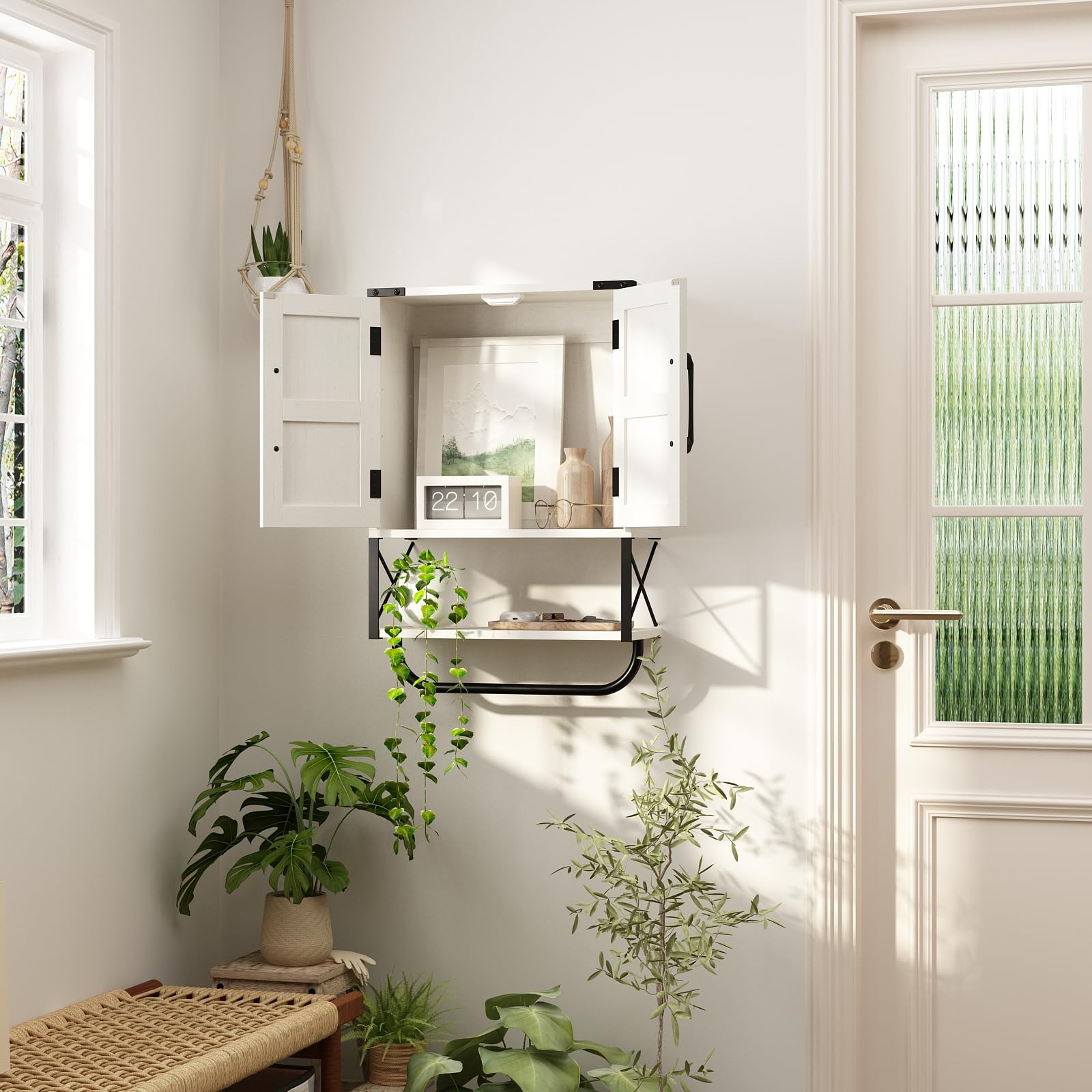 Space-saving bathroom storage helps keep floors clean and rooms organized