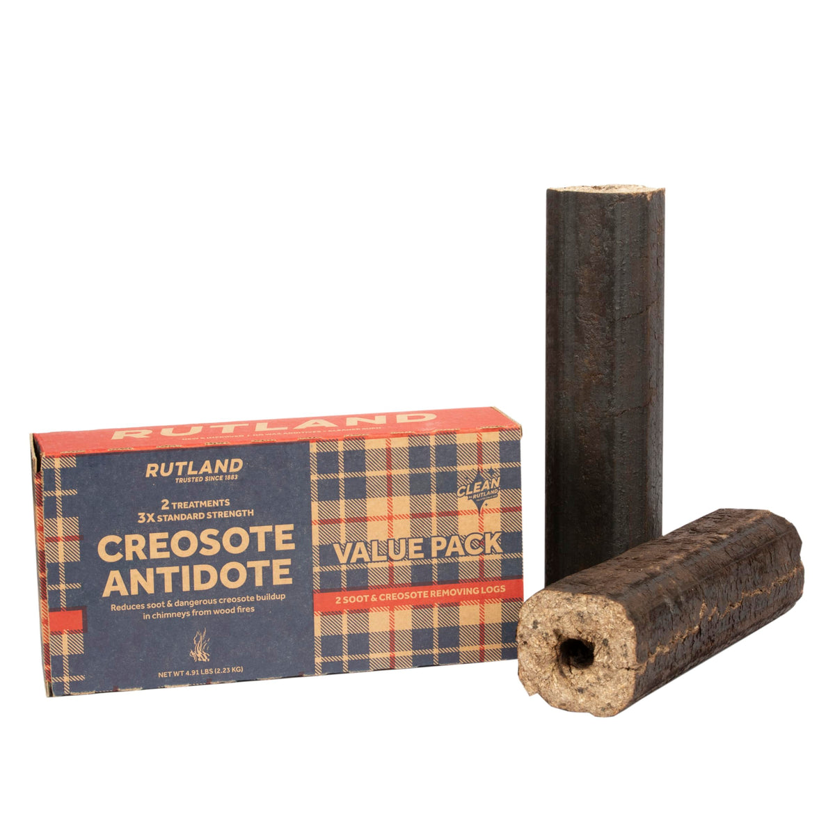 Rutland Creosote Antidote 2-pack logs front view for convenient chimney treatment.