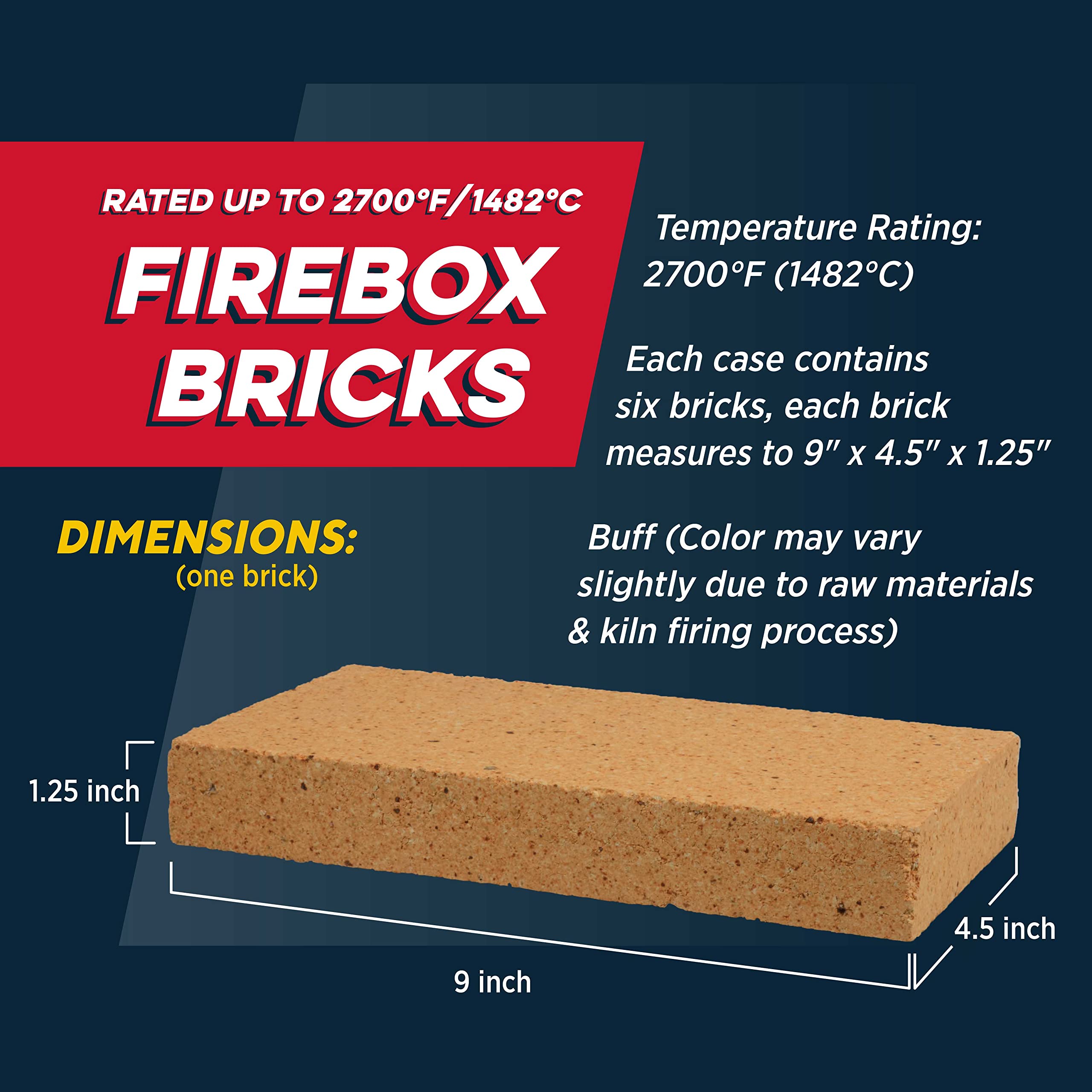 Rutland Fire Bricks thermal rating 2700F shows high heat tolerance.