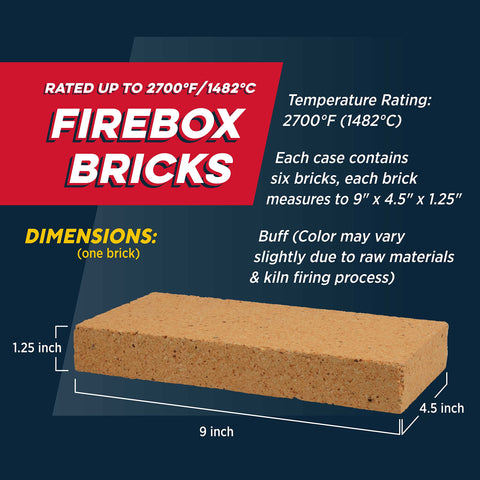 Rutland Fire Bricks thermal rating 2700F shows high heat tolerance.