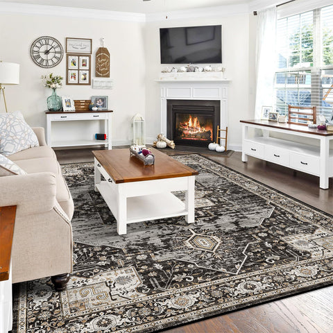 RUUGME washable 8x10 rug in living room setup showing versatile decor