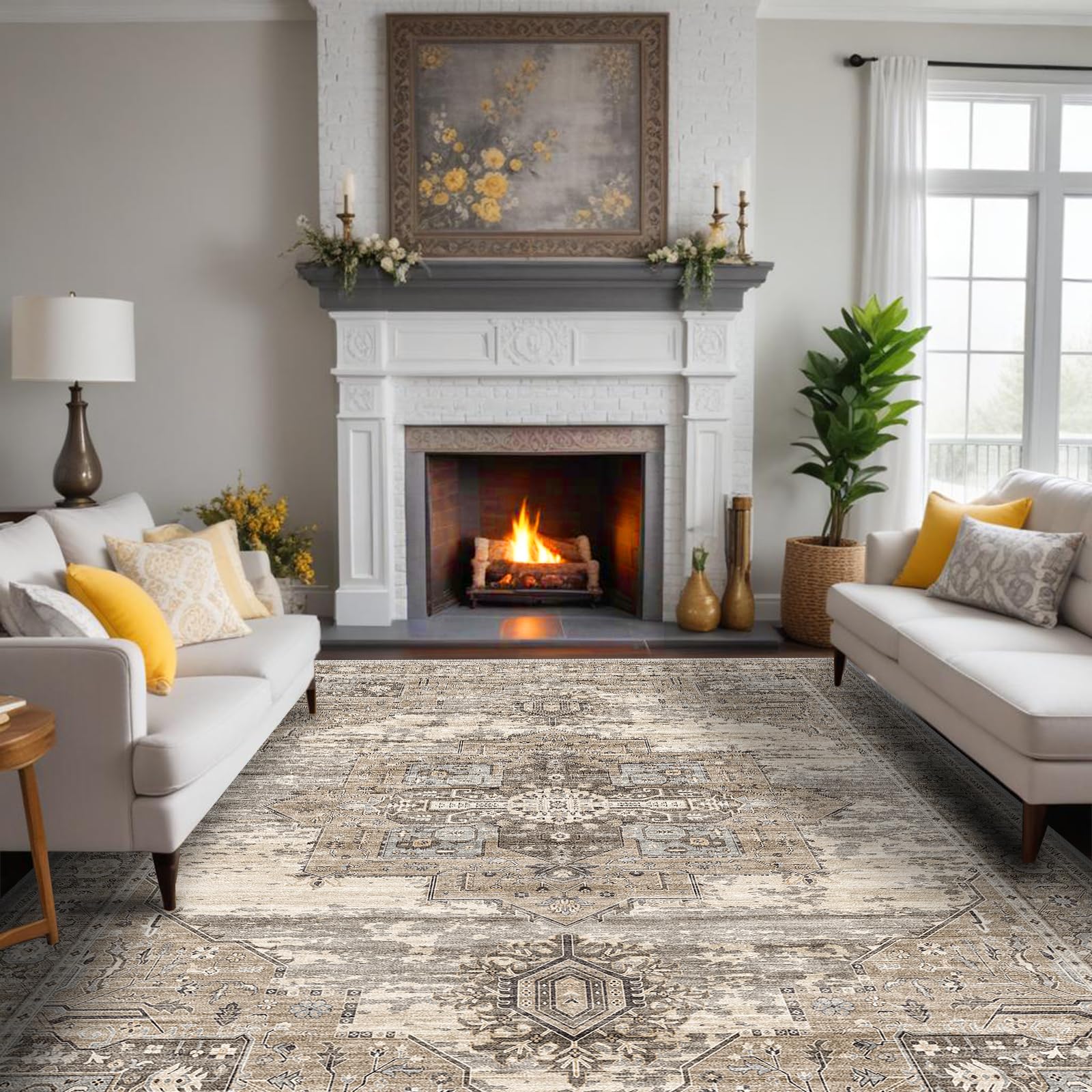 RUUGME washable 9x12 area rug beige tribal pattern, stylish and easy to clean