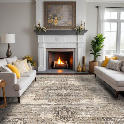 RUUGME washable 9x12 area rug beige tribal pattern, stylish and easy to clean