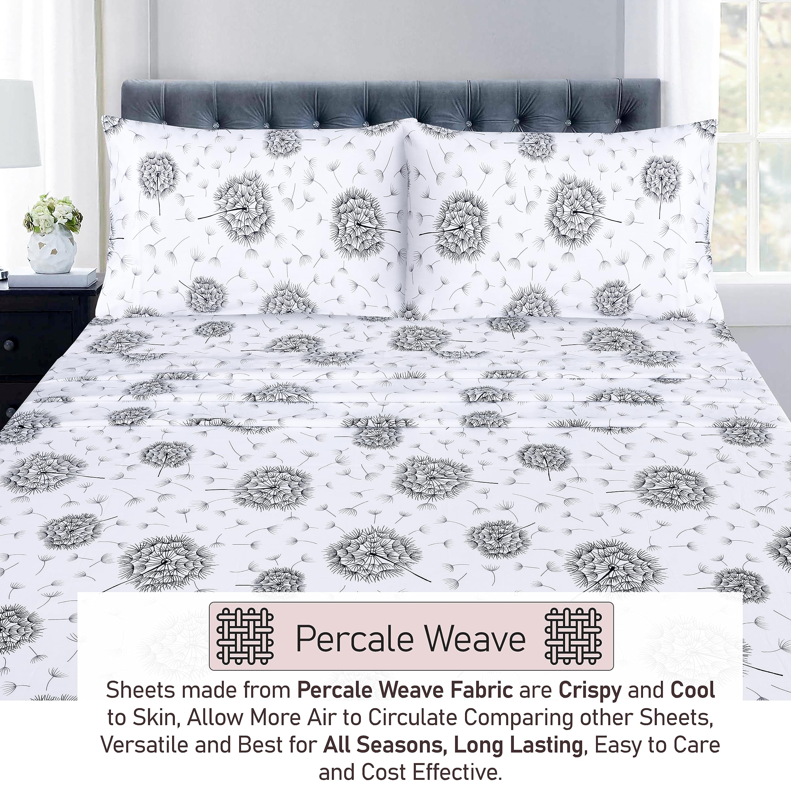 RUVANTI Dandelion bed view emphasizes airy percale and floral design.