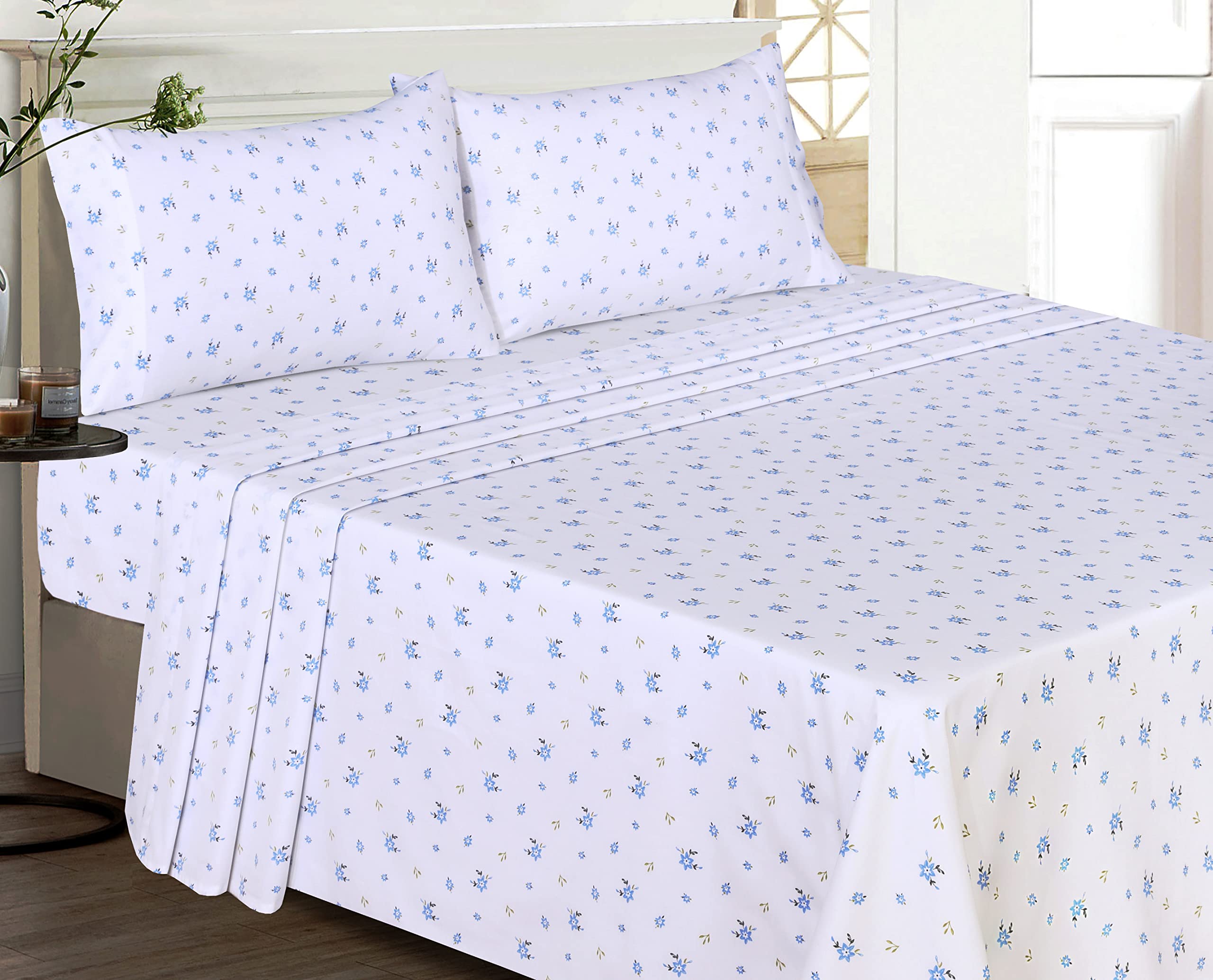 Floral design on RUVANTI percale sheets adds soft elegance to room