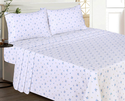 Floral design on RUVANTI percale sheets adds soft elegance to room