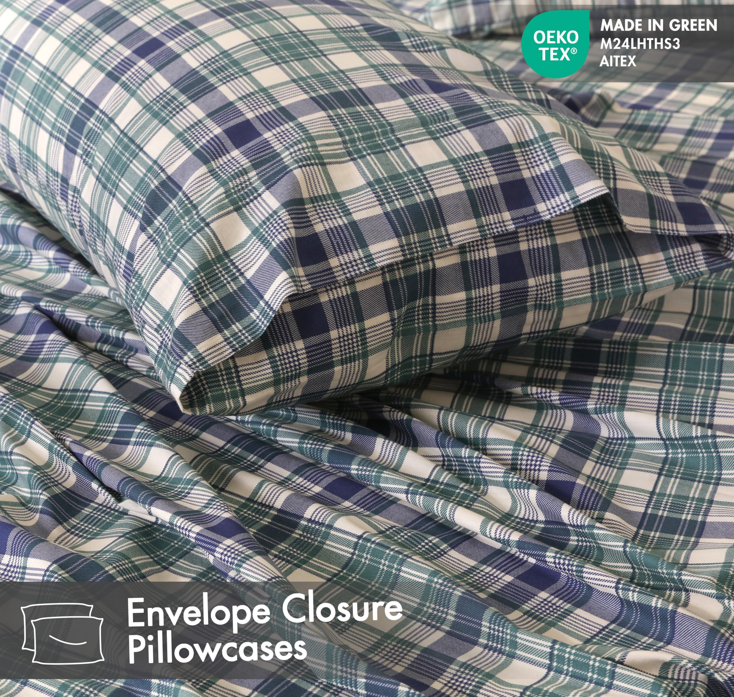 RUVANTI floral greenish-blue plaid design adds calm style.