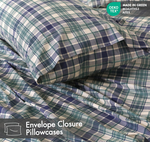 RUVANTI floral greenish-blue plaid design adds calm style.