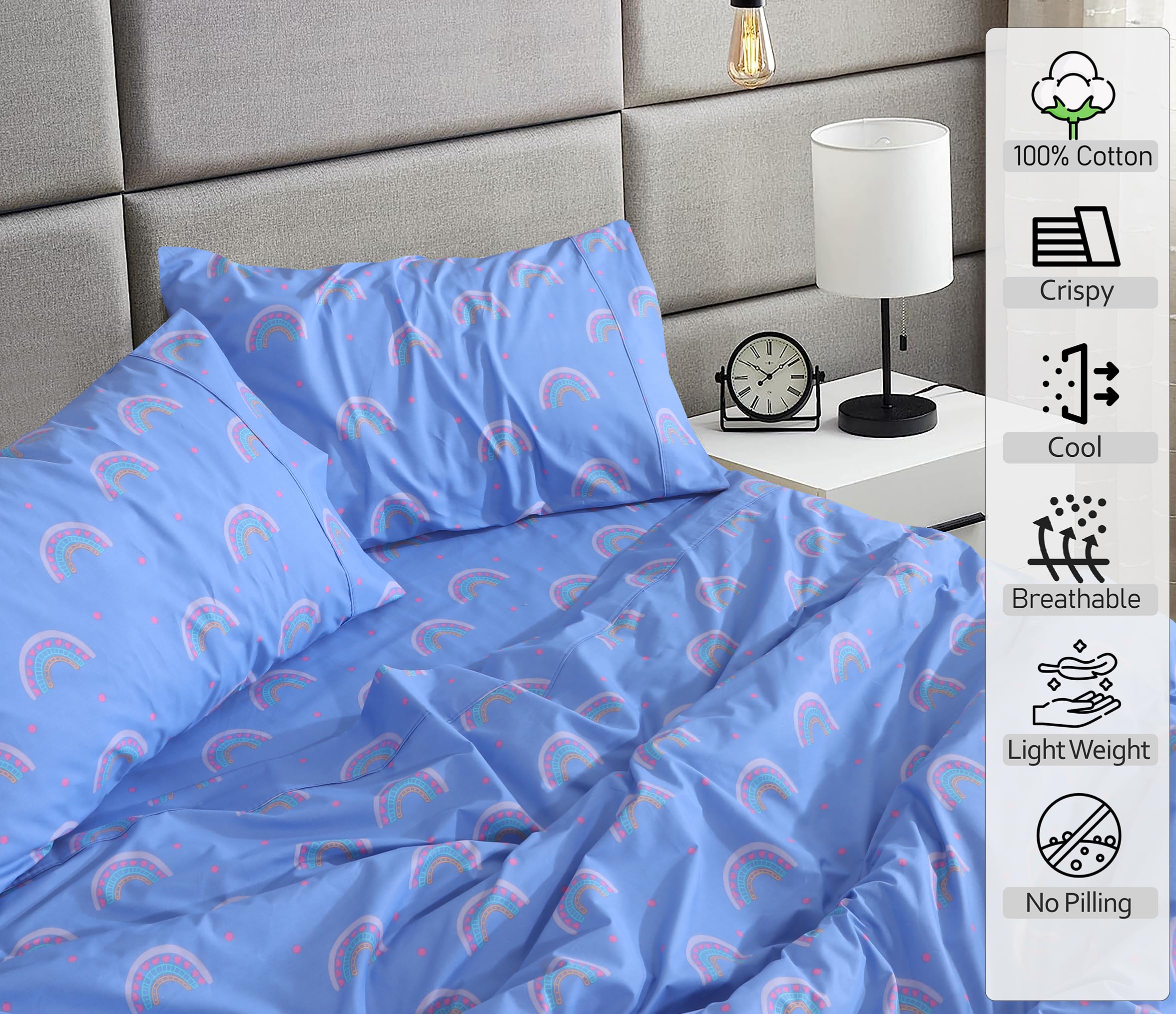 RUVANTI floral-print sheets highlight vibrant colorfast design for long-lasting appeal.