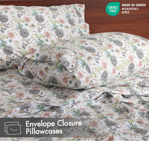 RUVANTI four-piece set includes fitted sheet and pillowcases.