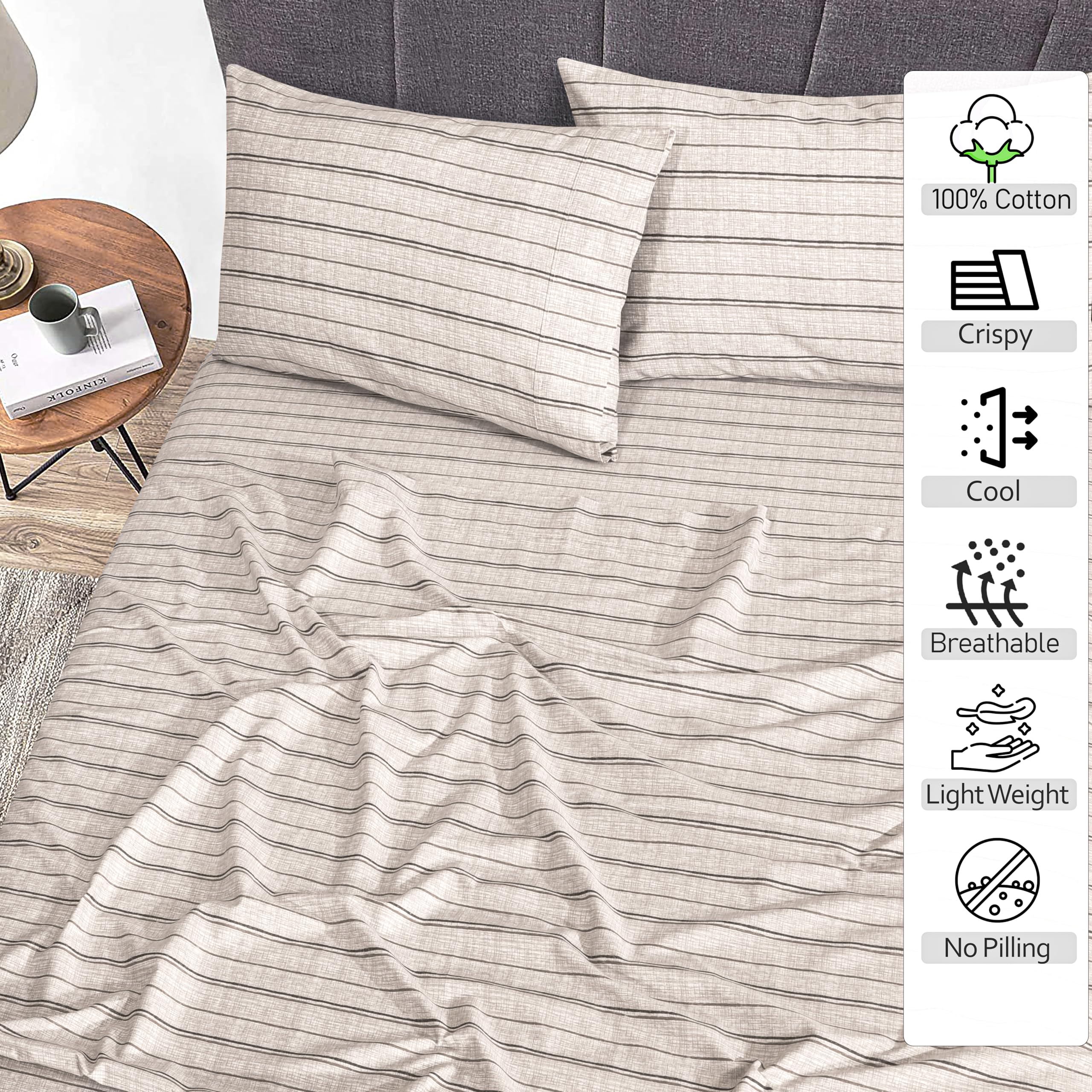 RUVANTI percale sheets floral brown stripes design with colorfast pattern