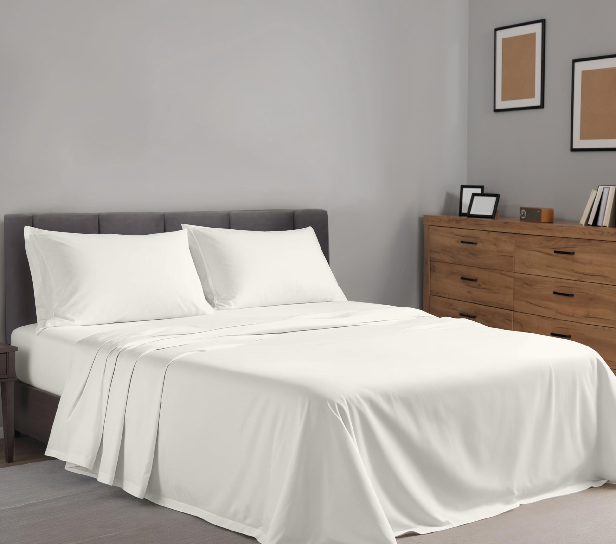 RUVANTI fitted sheet with 16-inch deep pocket secures tall mattresses for a snug fit.