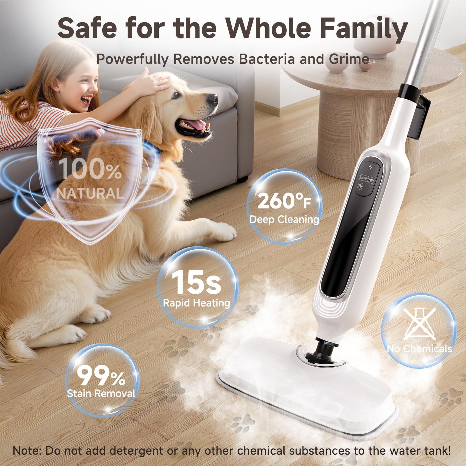 Rvwsx steam mop LED display shows steam level and status