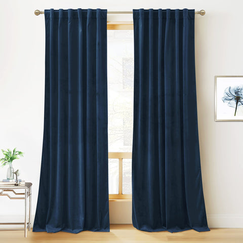 RYB HOME Blue Velvet Curtains full two-panel setup in navy for premium privacy