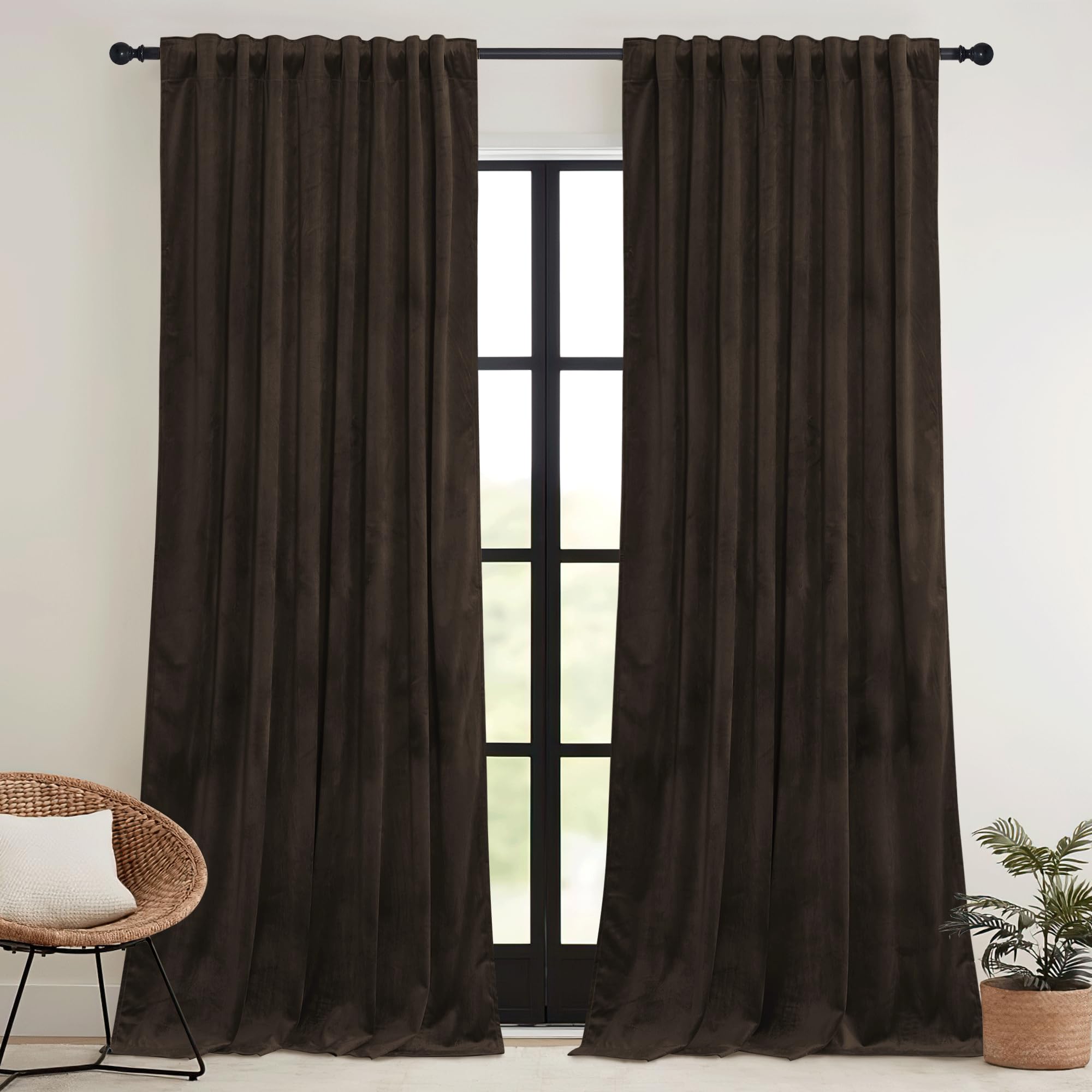 RYB HOME brown velvet blackout curtains 2-panel set block light for better sleep.