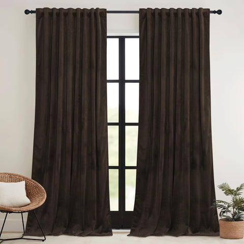 RYB HOME brown velvet blackout curtains 2-panel set block light for better sleep.
