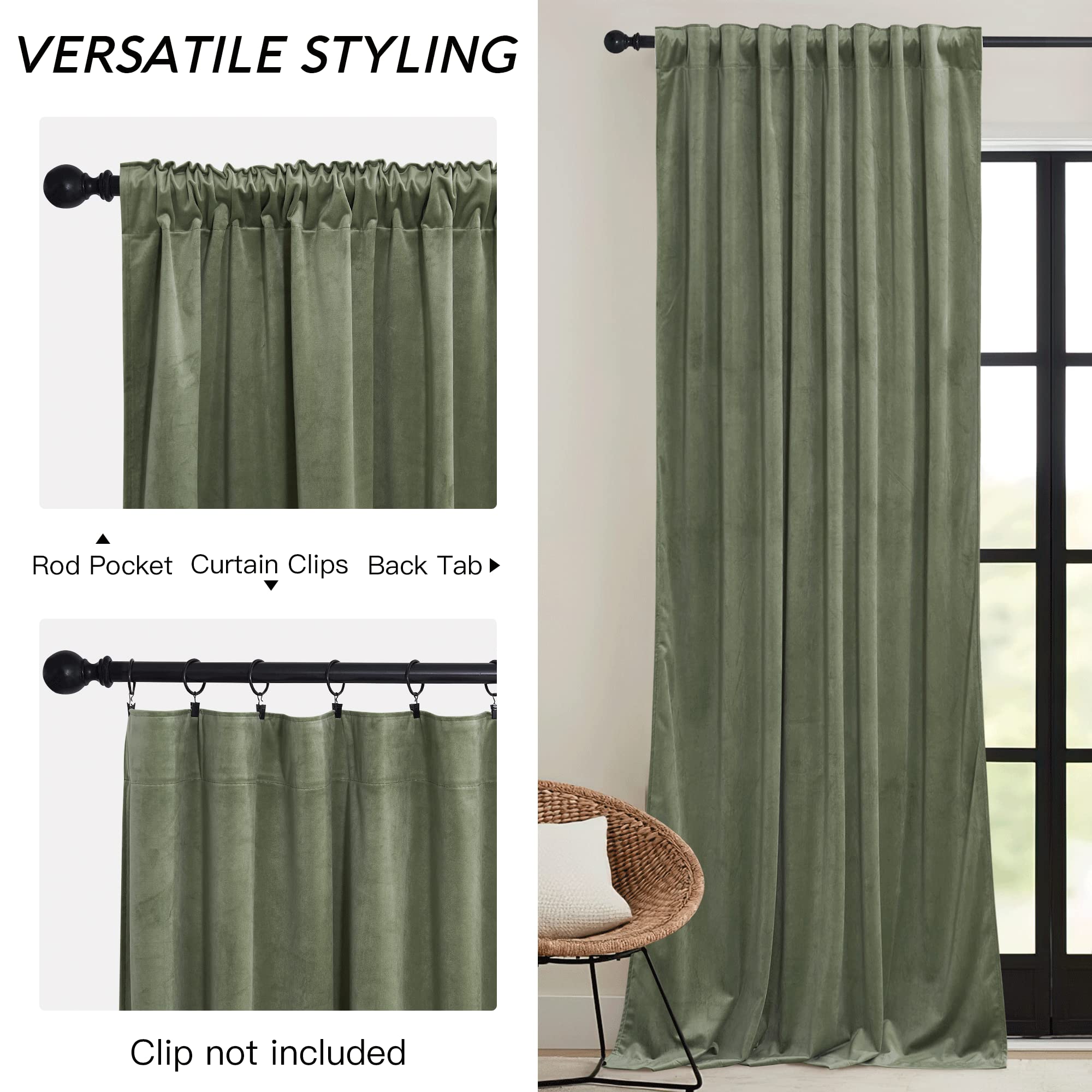 RYB HOME sage green velvet curtains room-darkening design enhances privacy and comfort.