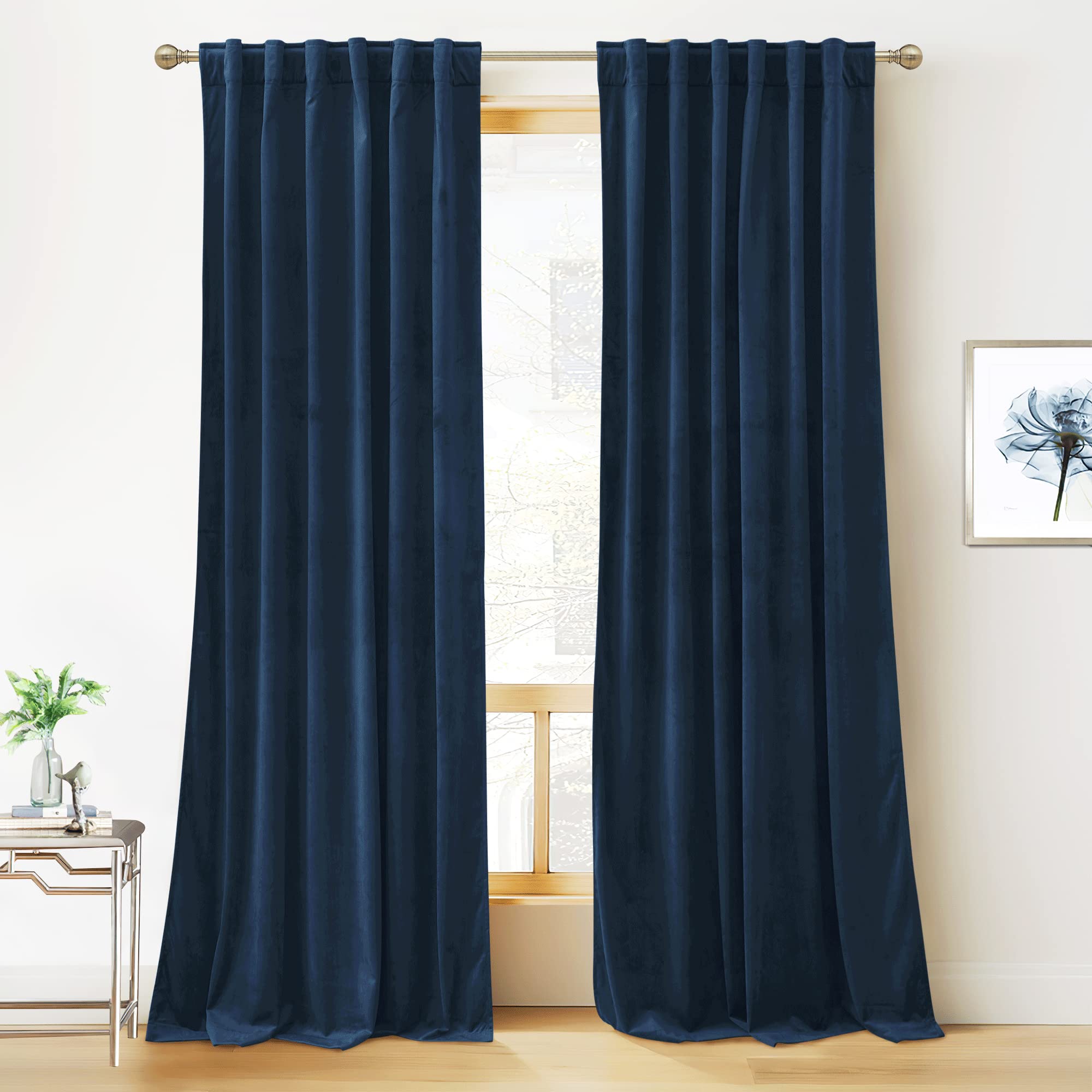 RYB HOME velvet curtains navy side view shows plush fabric and deep navy color