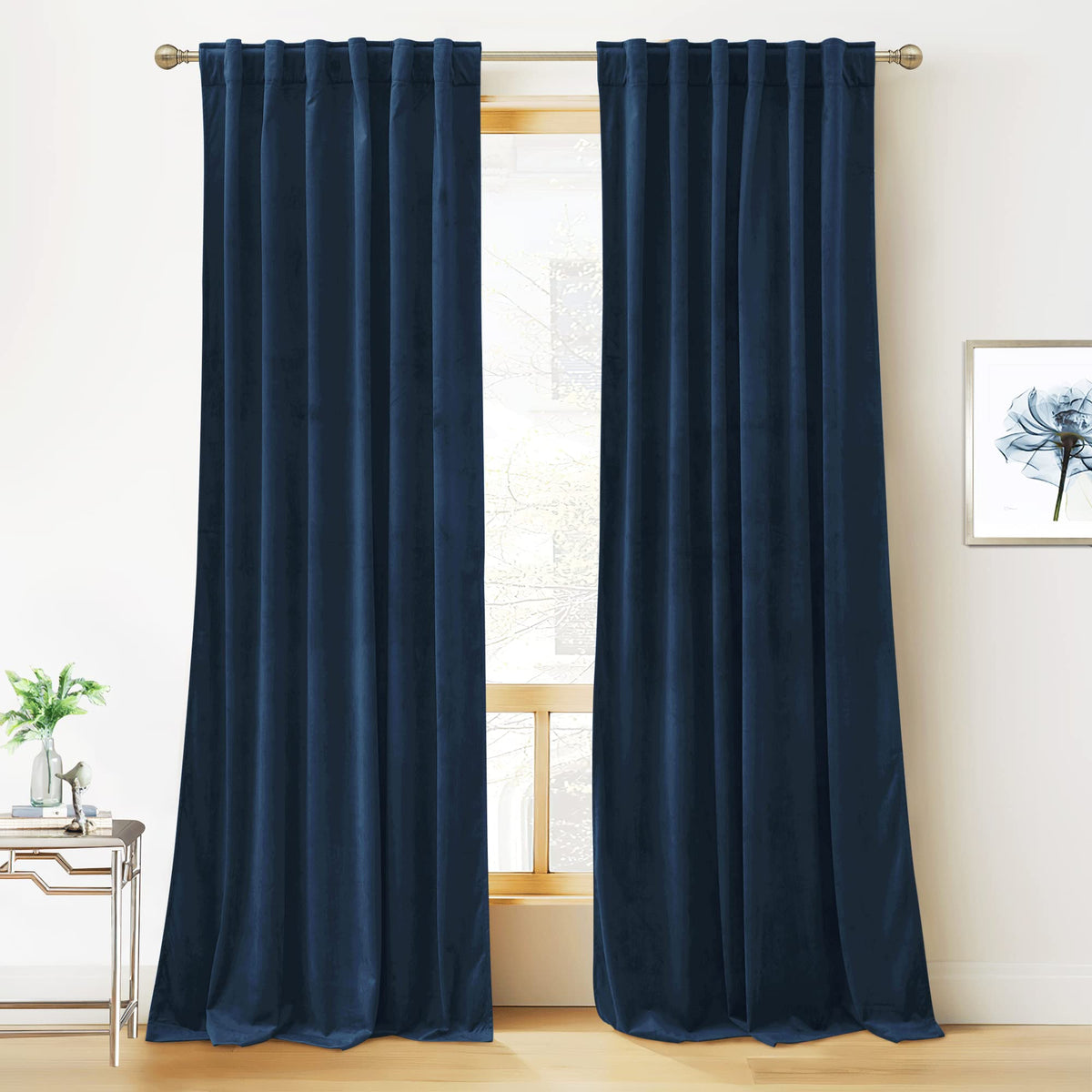 RYB HOME velvet curtains navy side view shows plush fabric and deep navy color