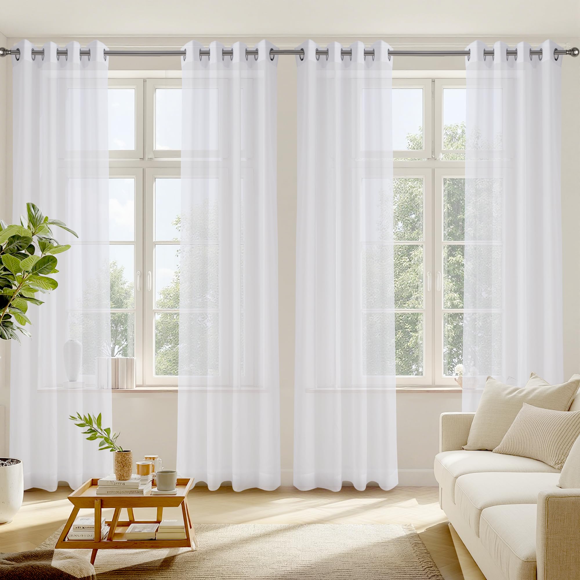 RYB HOME white sheer curtains four-panel setup with rod-ready grommets for easy installation