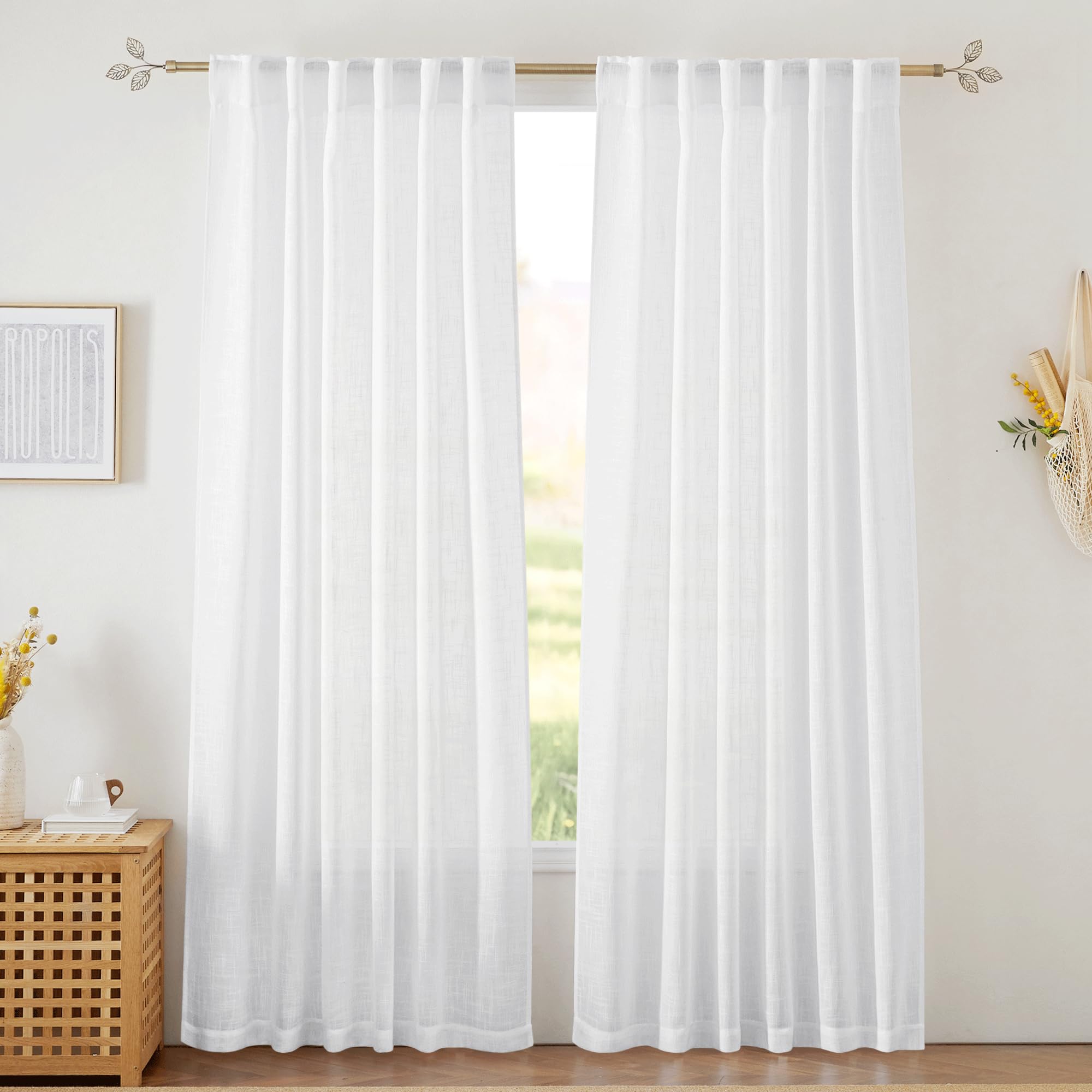 RYB HOME white sheer curtains, line-weave close-up, soft light filtration for a calm room