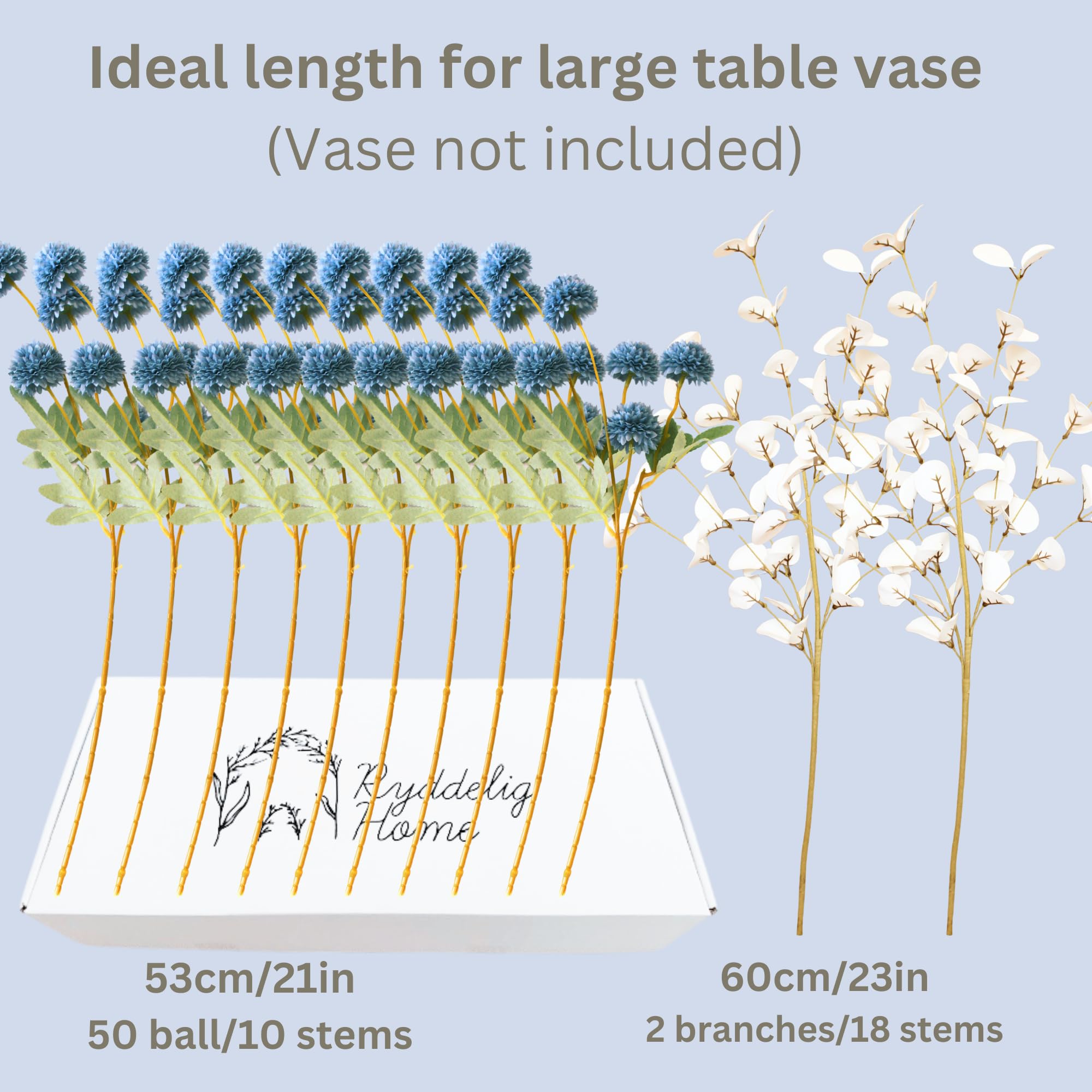 RyddeligHome dusty-blue floral arrangement enhances living rooms and dining spaces.