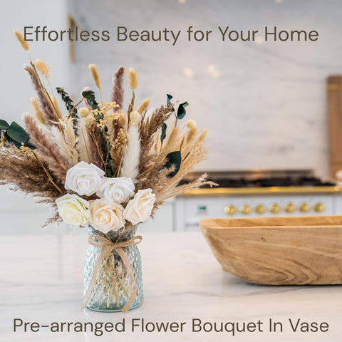 RyddeligHome eucalyptus, ruscus, billy buttons in vase for stylish shelves