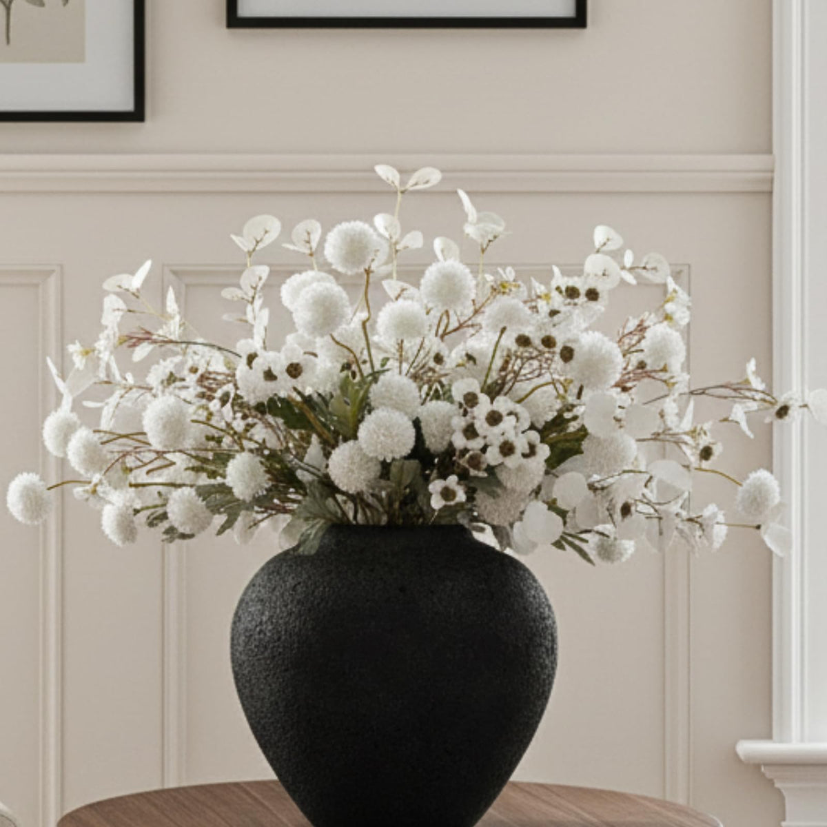 RyddeligHome white Kiku bulk flowers for vase; realistic faux centerpiece.