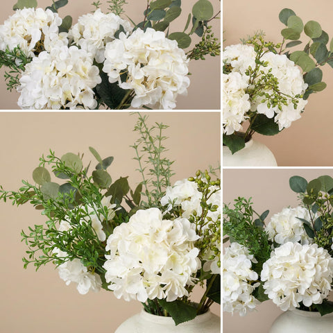RyddeligHome modern farmhouse decor featuring white hydrangea and eucalyptus greenery for low-maintenance brightness.
